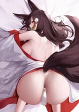 yande.re 890650 akagi_(azur_lane) an_yasuri animal_ears ass azur_lane japanese_clothes kitsune no_bra nopan open_shirt skirt_lift tail