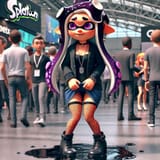 Splatoon inkling woman in black jacket, dark blue denim low-rise miniskirt with high slits, high heel boots, necklace, earrings, fishnet stockings, shyly standing in bustling tech convention, embarrassed panic, grabbing front hem of skirt with both hands,