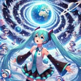 Infinitely long Hatsune Miku extending up beyond the stratosphere toward the orbit of Cirno the Ice Fairy from Touhou_934ff8d0-ce07-4d67-aeb3-fac8726ce373