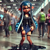 Splatoon inkling woman in black jacket, dark blue denim low-rise miniskirt with high slits, high heel boots, necklace, earrings, fishnet stockings, shyly standing in bustling tech convention, crying bitterly, grabbing front hem of skirt with both hands, p