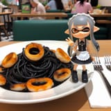 Plate of black squid ink spaghetti with blackened calamari rings on table in casual diner, fork silverware napkin on table, Splatoon inkling woman Nendoroid figure in Japanese maid dress standing beside plate, peace gesture, winking, HD 3D_4ed7dae4-304e-4