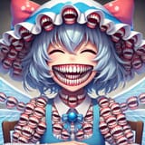 Portrait of Cirno the Ice Fairy from Touhou, extremely wide grin filled with hundreds of teeth arranged in a grid, tooths protruding from skin and hair, teeth falling out onto table, high resolution_6ce4c06a-d514-4b7a-b315-d6bd03446fd1