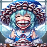 Portrait of Cirno the Ice Fairy from Touhou, extremely wide grin filled with hundreds of teeth arranged in a grid, tooths protruding from skin and hair, teeth falling out onto table, high resolution_f830a96d-4667-4167-a437-e816b5c7359f