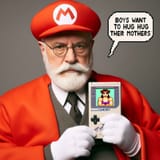 Sigmund Freud wearing a Super Mario costume holding up a GameBoy device with a picture of large woman on the display, text bubble reads &#039;Boys want to hug their mothers&#039;_a8391143-0a1e-4677-9997-4af6946801f0
