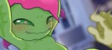 palmon riding a mechanical bull while her partner tries to get her down from it