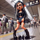 Splatoon inkling woman in black jacket, dark blue denim low-rise miniskirt, high heel boots, necklace, earrings, midriff, small handbag, standing in Shinjuku Station terminal, crying loudly, grabbing front hem of skirt with both hands, puddle of tears, by