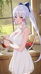 gelbooru.com 9183641 1girl absurdres apple ayaka_(genshin_impact) blue_eyes bow breasts commentary_request full
