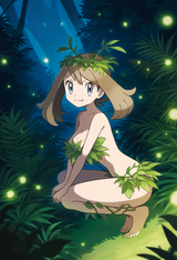 {1girl}, {{{may (pokemon)}}, official art, outdoors, {{jungle}}, bushes, fang, { s-894656312