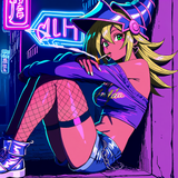 1girl, dark magician girl, cyberpunk, neon lights, sitting, knees up, hat, night s-3599068320