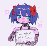 [www.bury.pink] bow red_bow green_eyes bury_pink english_text blue_hair pink_skin upper_body hair_bow blush heart open_mouth furrowed_brow pointing sign short_hair be_nice no_sclera cyan_eyes dithering fishnet_sleeves 