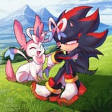 sylveon putting ribbons and feelers on shadow the hedgehog