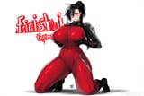 huge breasts, young American, black ponytail, red skin-tight bodysuit, defeated, on her knees, holding her breasts to the viewer, text finish them
