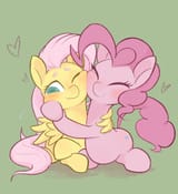 2344459__safe_artist-colon-noupu_fluttershy_pinkie+pie_earth+pony_pegasus_pony_g4_blushing_cheek+squish_eyes+closed_female_green+background_heart_hug_lesbian_nu