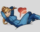 samus relaxes while a planet in her stomach gets attacked by tadpole aliens