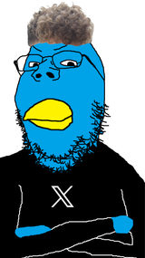 black_shirt blue_skin closed_mouth crossed_arms glasses looking_at_you smile smug soyjak stubble twitter variantgapejak zoomer zoomer_hair