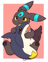 shiny umbreon holding sharpedo plushie