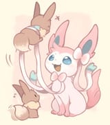 sylveon lifting up eevee with feelers