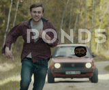 high quality photorealistic photo drawing of scared man running away from dragon age origins duncan driving a car