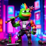 32mm miniature, neon city, gang muscular pepe meme frog, Mohawk, baton, nails, cyberpunk, vibrant colours2