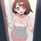 1girl, gloria (pokemon), parororo, kamidan, cowboy shot, standing, doorway, nake s-521893982