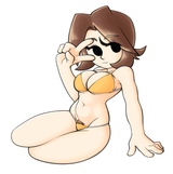 100724 - 1girl artist_coolstylefag bikini breasts brown_hair cleavage mii mii_gunner peace_sign pubic_hair short_hair solo