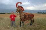Horse wearing reconstructed 2500-year-old Scythian horse armor unearthed in the Altai Mountains in Siberia