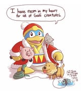 18718 - artist_line cat colored dialogue dog fish king_dedede kirby_(series) pig snake