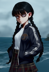 jcm2, goth, black hair, twin braids, small breasts, freckles, mascara, plaid ski s-809950266