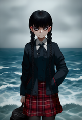 jcm2, goth, black hair, twin braids, small breasts, freckles, mascara, plaid ski s-1144521398