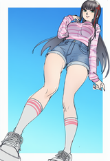 artist_poechan_chan, 1girl, tougou hifumi, hair ornament, green eyes, denim shor s-3033863576