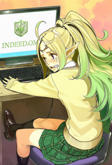 {{artist_ hidari_(left_side)}}, from behind, text print_ INDEED.COM, in monitor s-2552240576