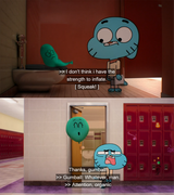 GumballblowsAlanintheschoolbathroomstall