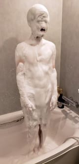 toby-fox-in-swim-trunks-covered-in-a-large-amount-of-foam