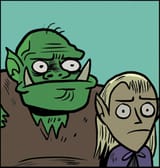 An orc and an elf stare at you silently