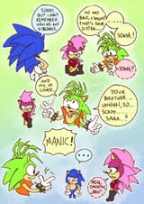 @DoreFatum If Sonia and Manic ever become canon, they should be a pair of randos trying to convince Sonic that he&#039;s related to them (siblings)
