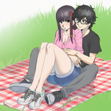 artist_poechan_chan, 1girl, 1boy, sitting, couple, picnic blanket, grass, sittin s-1428436759