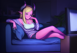 masterpiece, 1girl, succubus, casual clothing, domestic, lounging, couch, tv, li s-2208947936