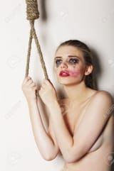 23728264-Sacrifice-Despair-Silly-Woman-in-Sorrow-wants-to-Kill-herself-Suicide-Stock-Photo