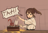 solo, location, indoors, birthday cake, three quarter view, motion, speedlines, s-607624356