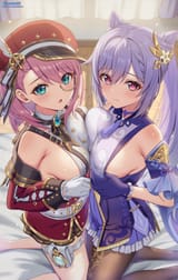 yande.re 1175022 asian_clothes charlotte_(genshin_impact) garter genshin_impact keqing megane no_bra pantyhose ponnyu12 symmetrical_docking yuri