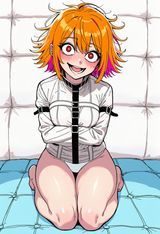 1girl, crazy eyes, short hair, messy hair, orange hair, bright pupils, red eyes, s-285483409