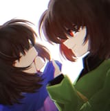 chara holds frisk by the shirt (dripping blood)