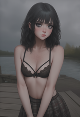 1girl, black hair, goth fashion, wavy hair, small breasts, petite, freckles, exp s-1245237239