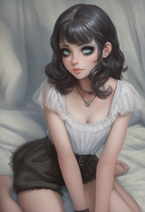 1girl, mascara, black hair, lace, goth fashion, expert shading, freckles, blouse s-3235424344