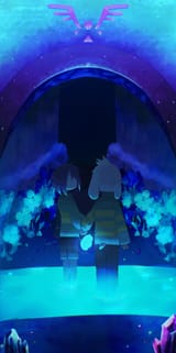 Chara and Asriel before a door in waterfall