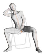 masculine seated pose reference, leg spread, head resting on back of right hand, left arm slack toward median