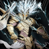 action scene, huge horse man with hammer, lightning in eyes, horsian, lightning s-2075196098