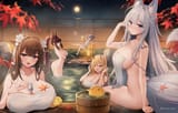 Konachan.com - 345575 autumn azur_lane blue_eyes breasts cleavage cowgirl drink fang foxgirl group horns leaves loli long_hair marota night onsen ponytail towel watermark