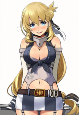 1girl, solo, artist_enami_katsumi, agnes claudel, nervous, cosplaying as iowa (k s-896038560