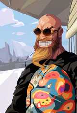 Huge smug anime man, bald, buff, round sunglasses, fantasy setting, massive weap s-1643569495